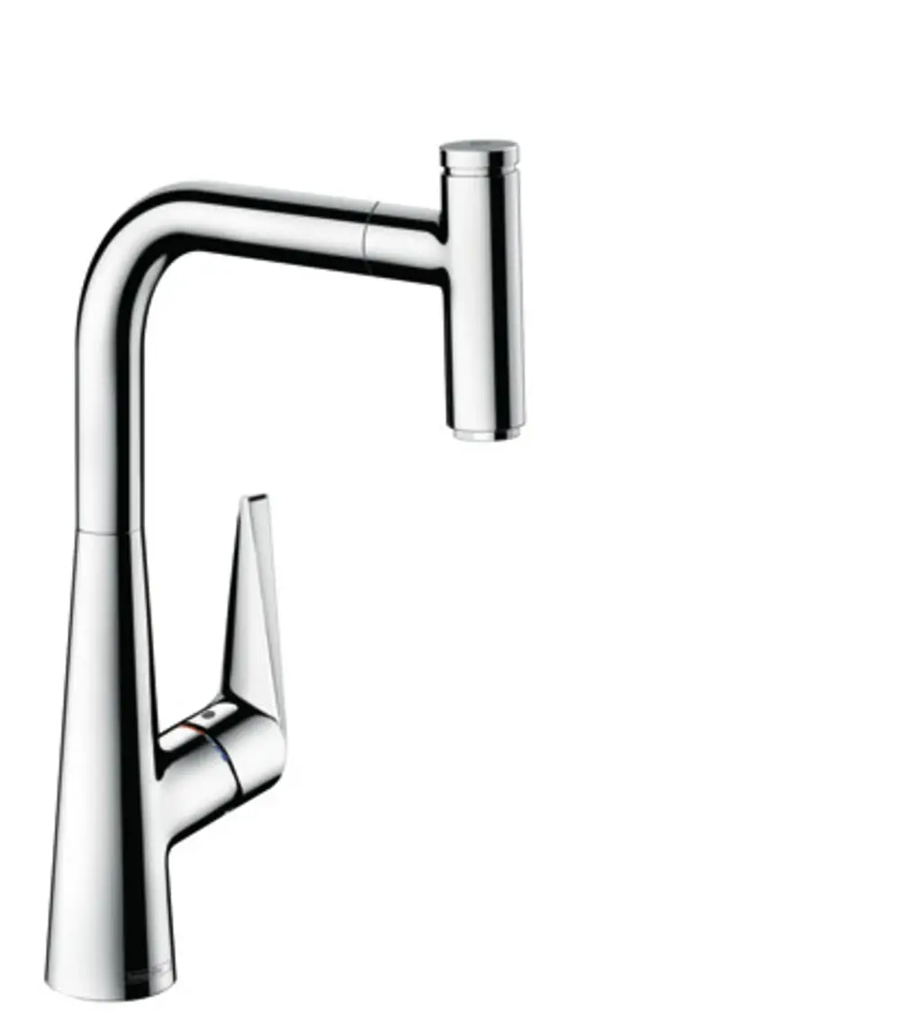 Spültischmischer von Hansgrohe mit hochgezogenem Auslauf und seitlichem Hebel, Chrom-Ausführung. Design mit klaren Linien und funktionaler Ergonomie.